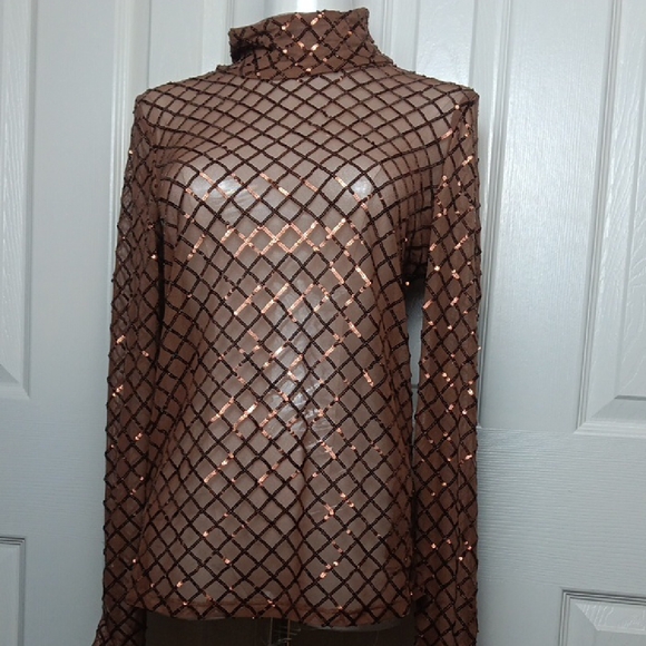 Anthropologie Pilcro Shimmering Sequins Brown Mesh Top. - Picture 4 of 11